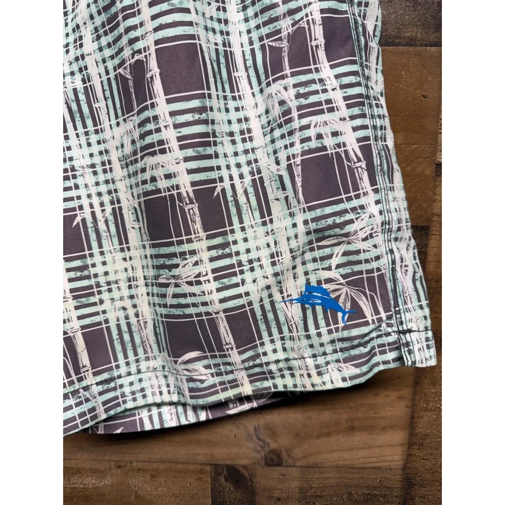Tommy Bahama Mens‎ Plaid Bamboo Print Swim Trunks Grey Mint Green Board Shorts L